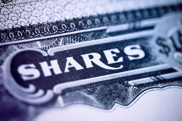 An up-close view of the word shares on a paper stock certificate of a publicly traded company.