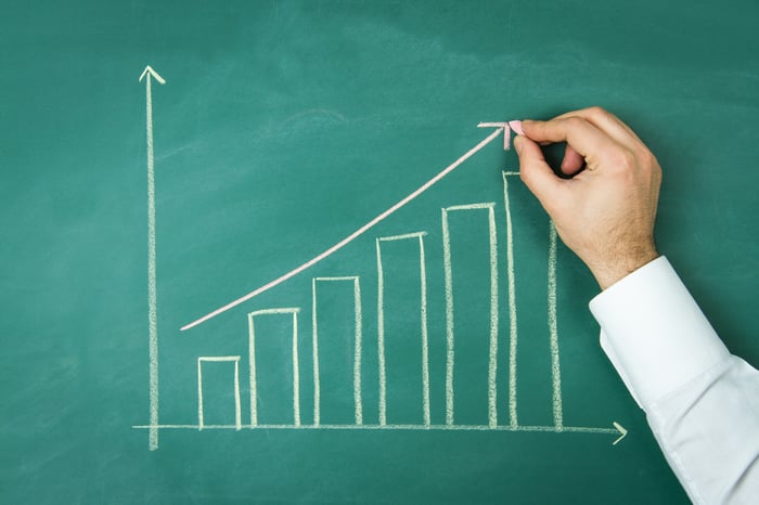 A hand draws an ascending bar graph on a chalkboard.