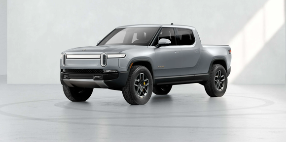 silver R1T Rivian electric pickup truck.