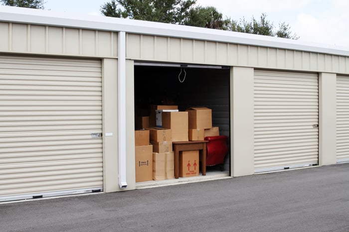 A self-storage unit with boxes.