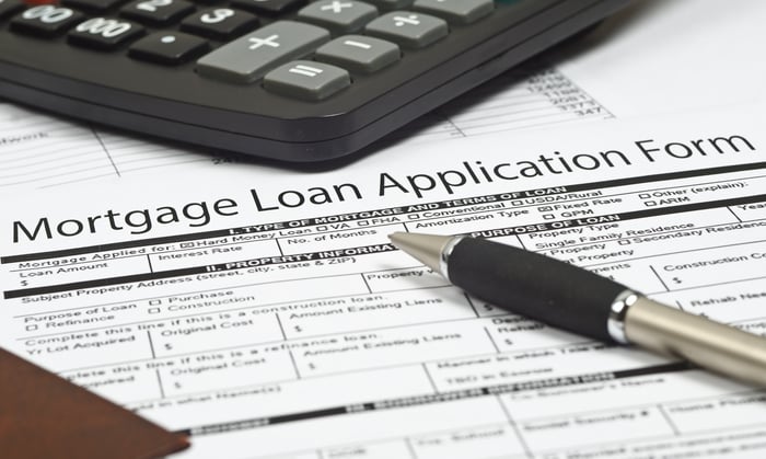A calculator and a mortgage application form.
