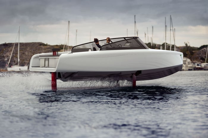 A Candela C-8 boat, with two passengers, operating in a body of water.