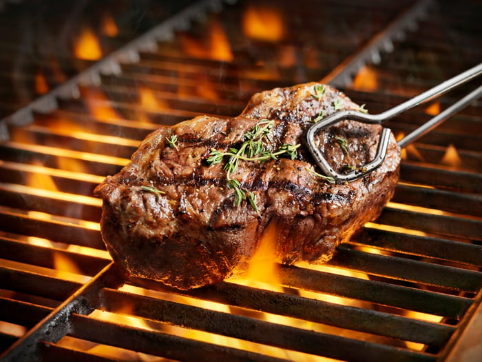 Grilling a steak.
