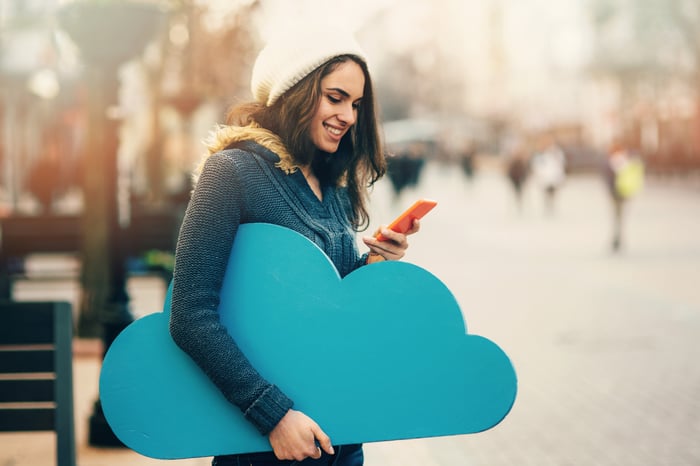 A smartphone user holding a cardboard cutout of a cloud.