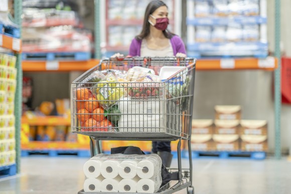 Person in store pushing shopping cart.