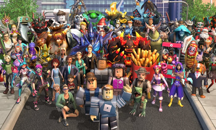 A lineup of Roblox's avatars.
