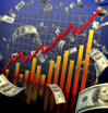 Picture of a stock chart with dollar bills flying off of it.