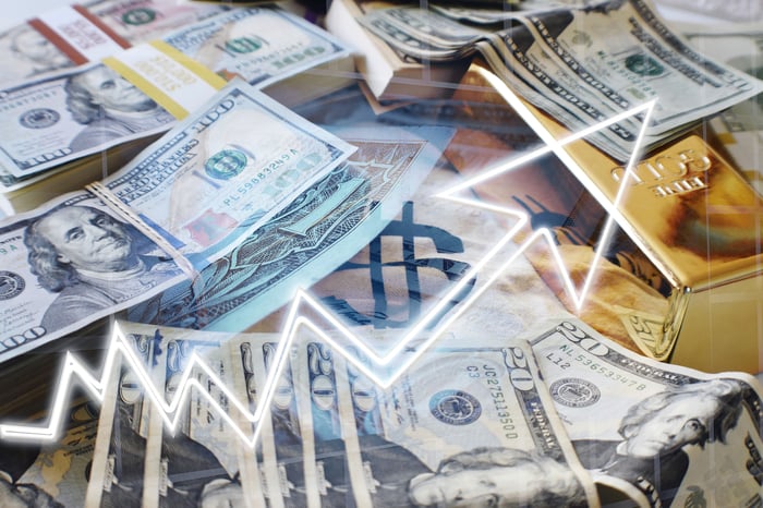 Money, a gold bar, and chart lines.