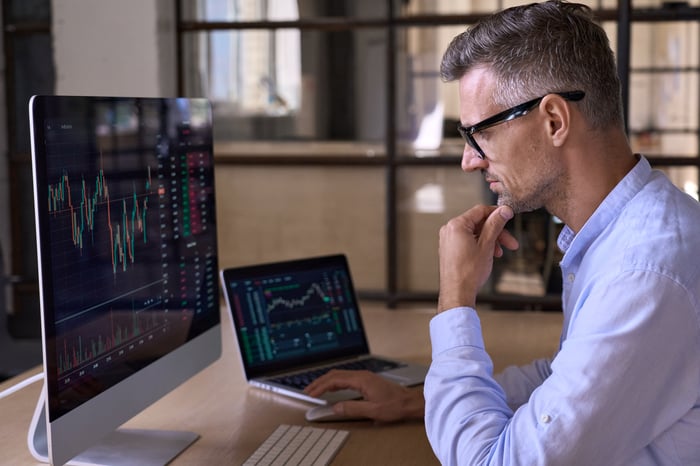 An investor reviewing graphs and charts on multiple computers. 