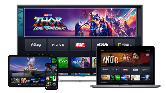 Disney+ landing page shown on multiple streaming devices.