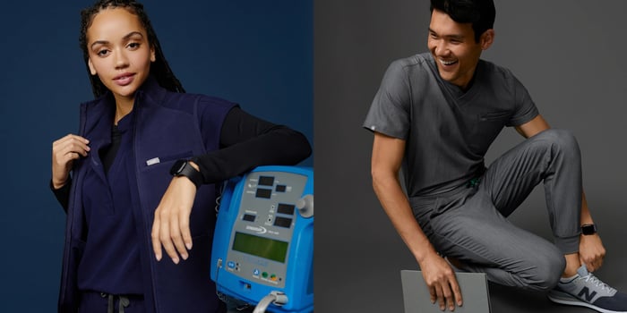 Two people wear FIGS scrubs.