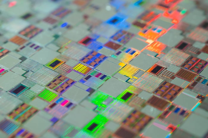 A close-up shot of semiconductors on a silicon wafer.