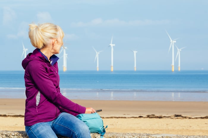 A person on a beach looking at offshore wind turbines.