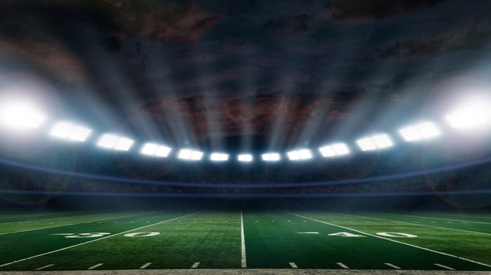 Football stadium with lights.
