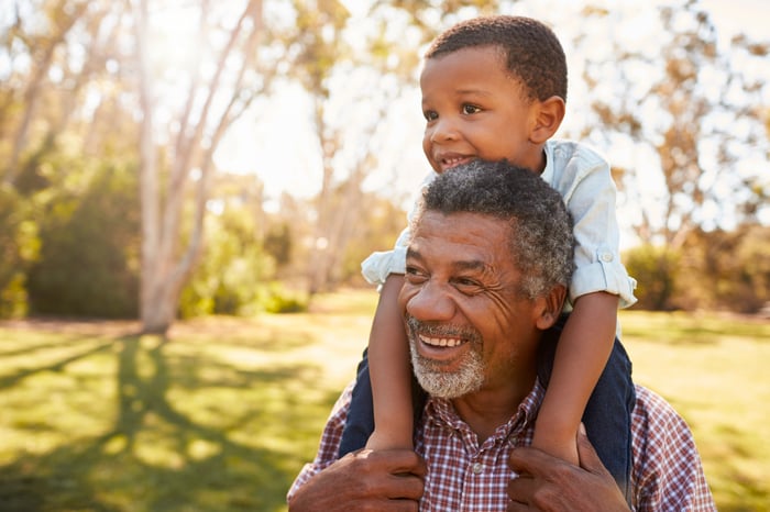 A grandchild riding piggyback on their grandparent's shoulders while in a park.