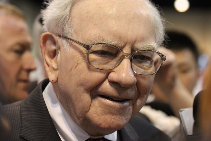 A smiling Warren Buffett at Berkshire Hathaway's annual shareholder meeting.