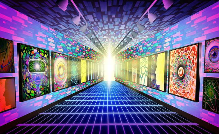 Artistic rendering of the Metaverse with NFT display screens.