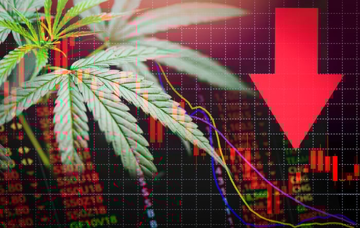 red arrow down with marijuana leaf implying cannabis stock falling.