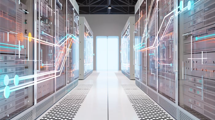 A massive server room with supercomputers inside.