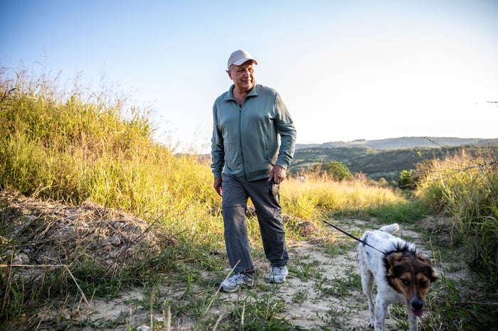A person walking a dog.