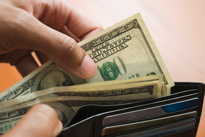 A person counting through four one hundred dollar bills in their wallet. 