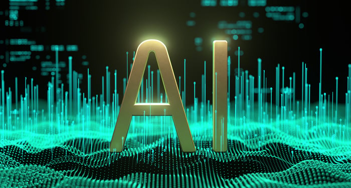 Gold "AI" and artificial intelligence algorithms depicted graphically.