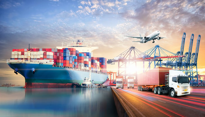 Logistics infrastructure with a container ship.