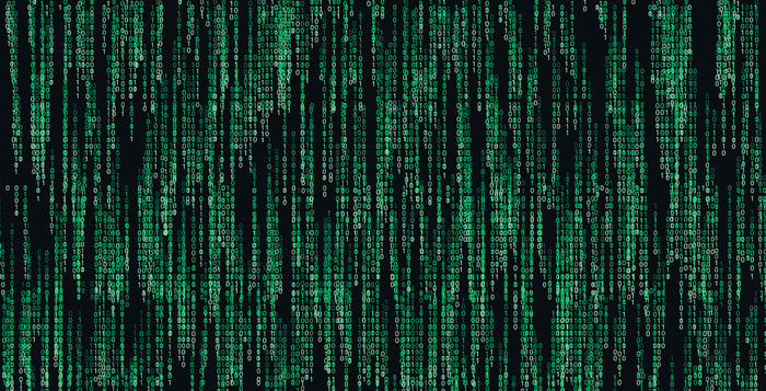 A binary AI matrix showing green 1s and zeros against a black background. 