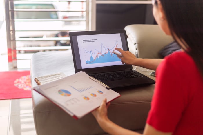 Person conducting financial analysis by reviewing tables and charts on a laptop and a clipboard.