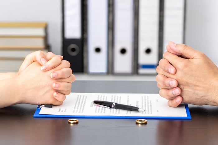 A couple's hands rest on a stack of divorce papers.