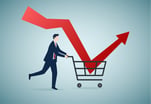 Drawing of person catching a downward arrow in shopping cart and then the arrow turns up