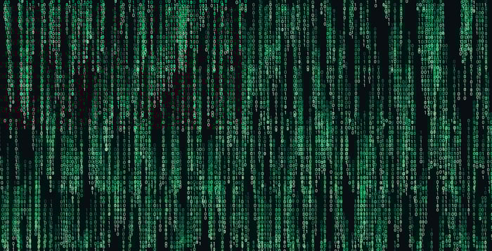 A binary AI matrix showing green 1s and zeros against a black background.
