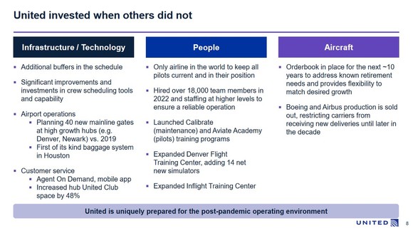 A company slide promoting United's proactive investments during the pandemic.