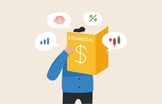 Drawing of person with financial book and thought bubbles