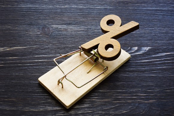 A percentage symbol in a mouse trap, indicating that there is risk associated with returns or yield.