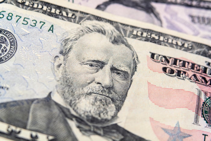 An up-close view of Ulysses S. Grant's portrait on a fifty dollar bill. 