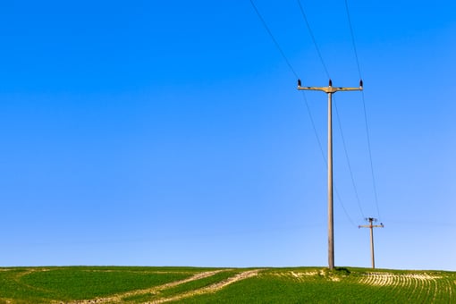 Telephone lines crossing a rural field.