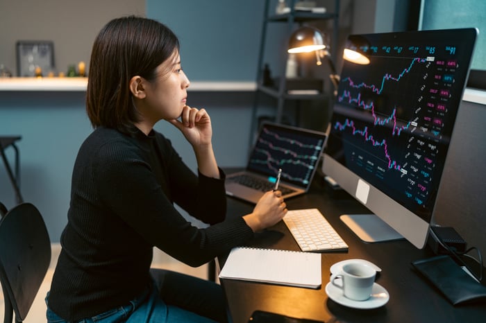 A person studying graphs on a large monitor linked to a laptop.