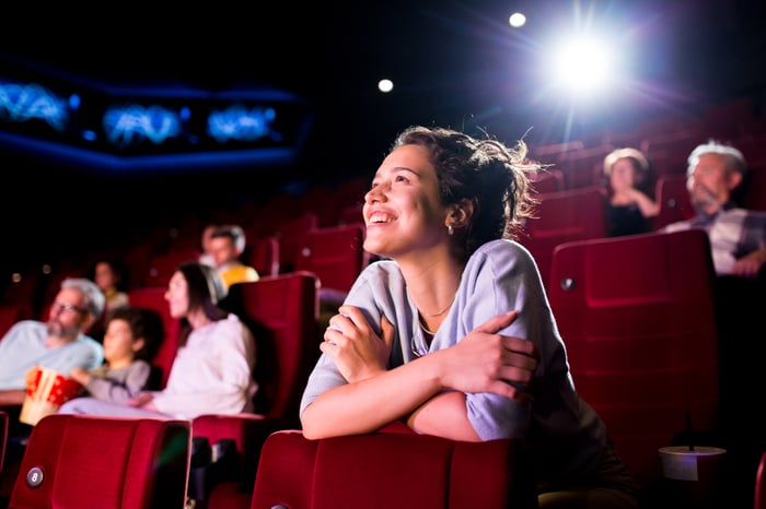 A movie theater with very few people in it.