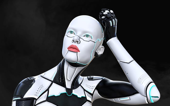 Rendering of a robot in a thoughtful pose.