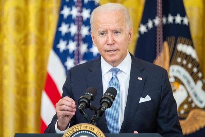Joe Biden delivering remarks in the East Room of the White House.