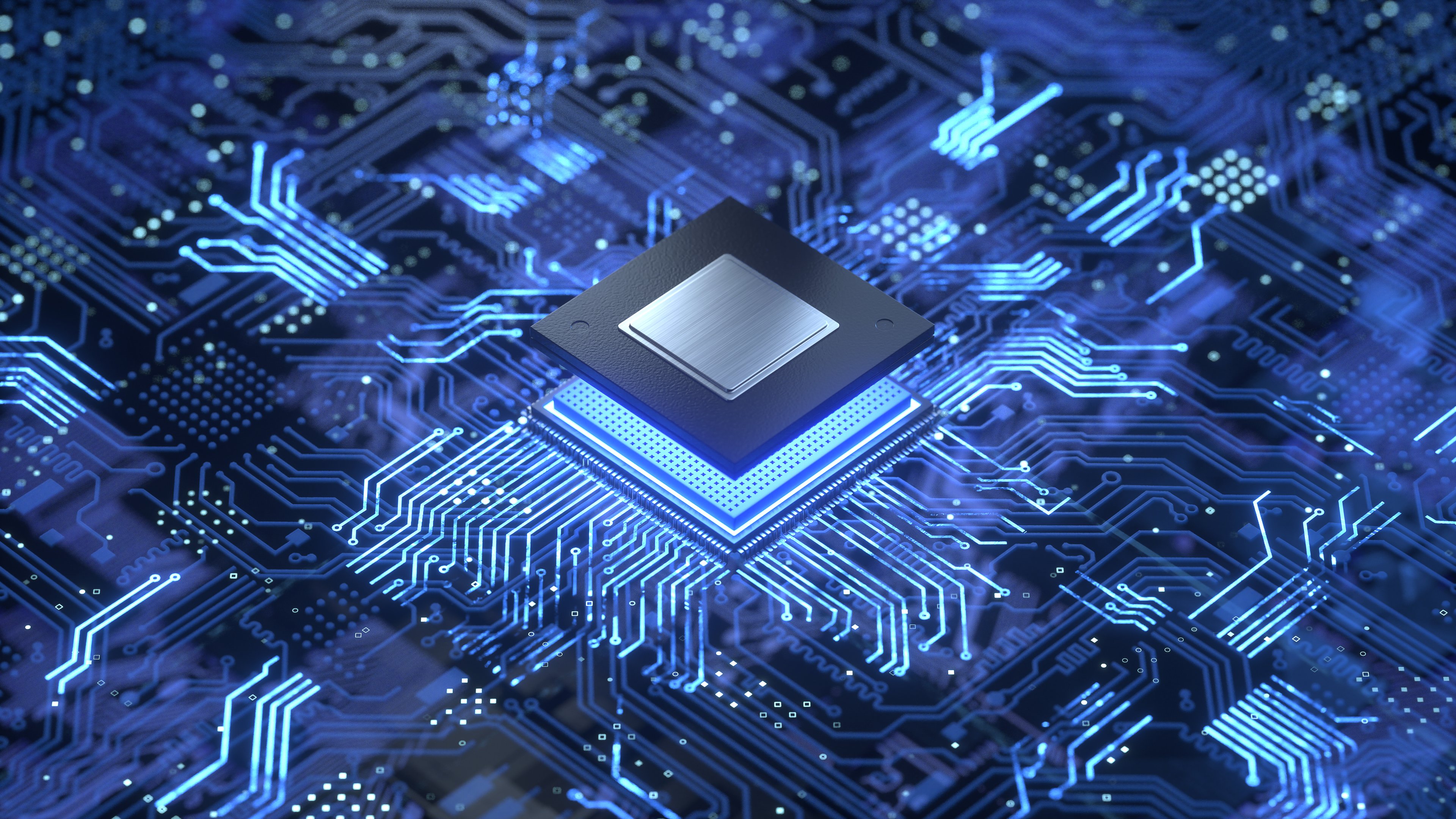A digital rendering of a computer chip being plugged into a circuit board