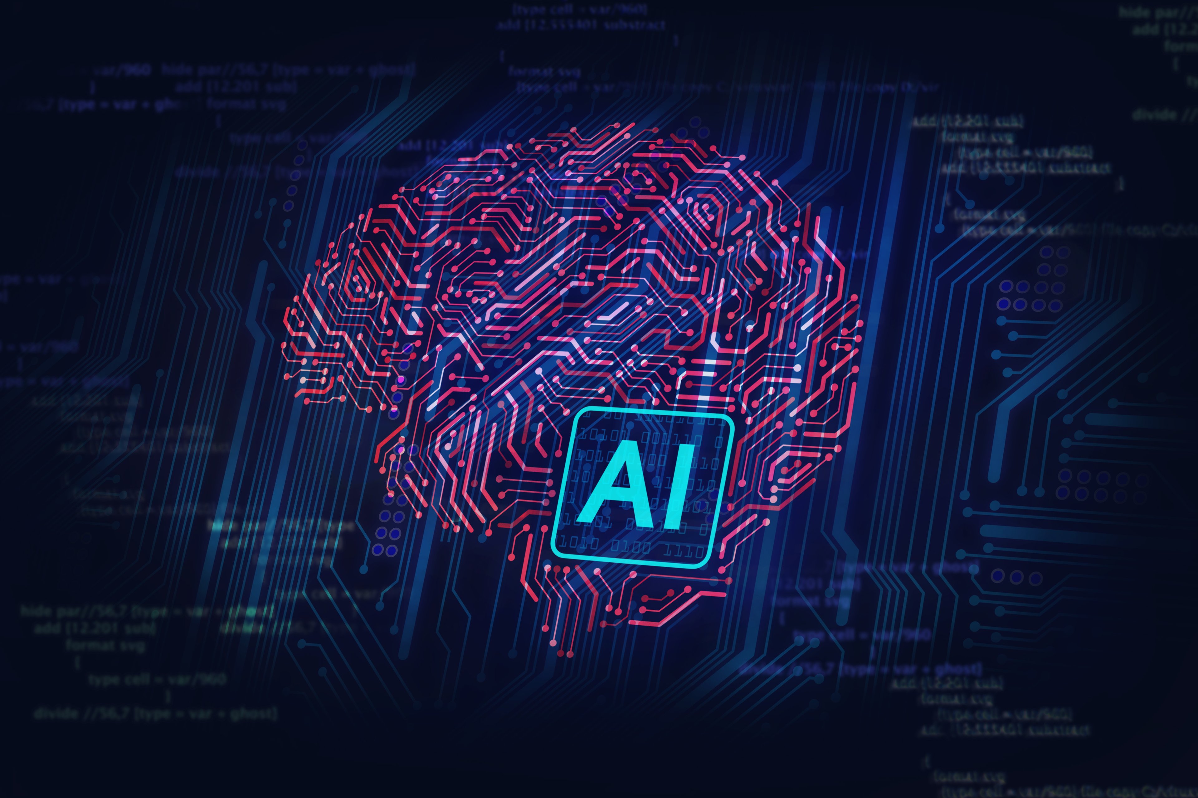 A digital brain on a circuit board with an AI chip at the base