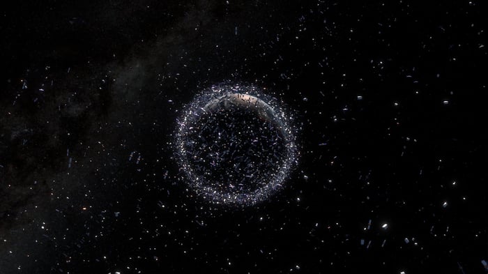 Space debris and satellites orbiting Earth.