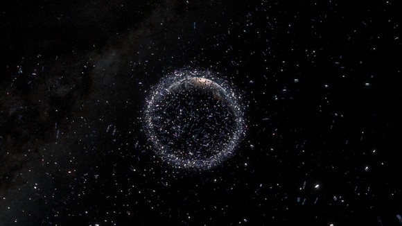 Space debris and satellites orbiting Earth.