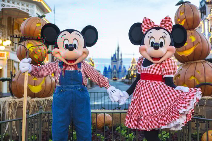Mickey and Minnie Mouse in fall apparel at Disney World's Magic Kingdom.