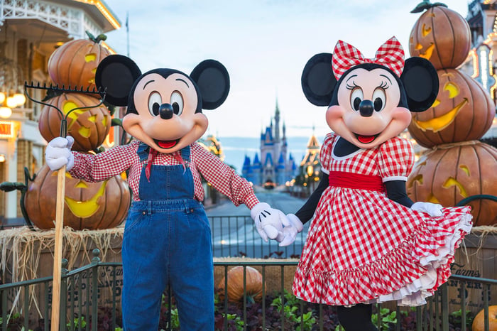 Mickey and Minnie Mouse in fall apparel at Disney World's Magic Kingdom.