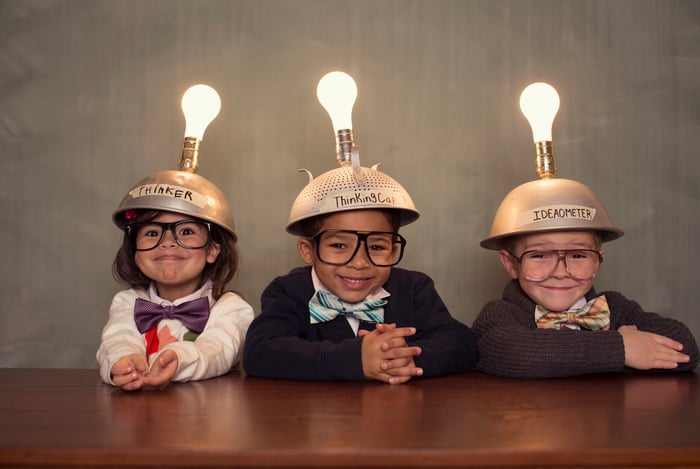 Children with light bulb hats.