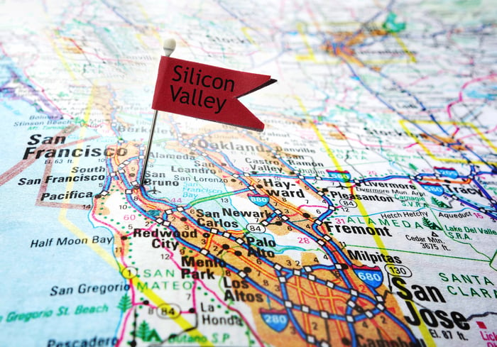 A red marker on a map highlighting the Silicon Valley area of California.