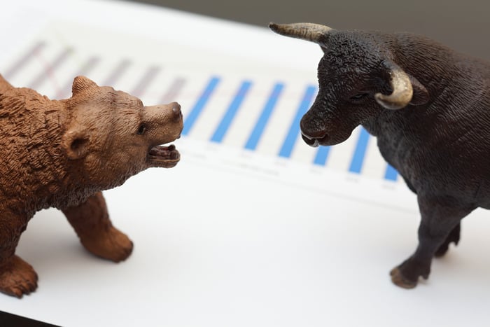 A snarling bear figurine set in front of a bull figurine, with financial bar charts on paperwork in the background.